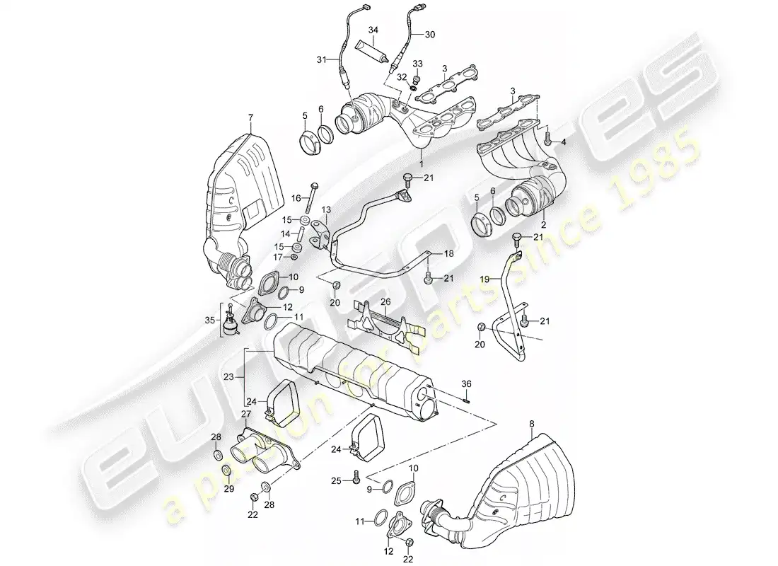 porsche 2008 (997-1 gt3) exhaust system parts diagram