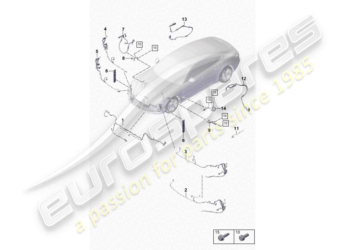 porsche 2021 (panamera 971-1) wiring looms bumper anti-locking brake syst. -abs- brake pad wear display front axle wiring harness for self-levelling suspension part diagram