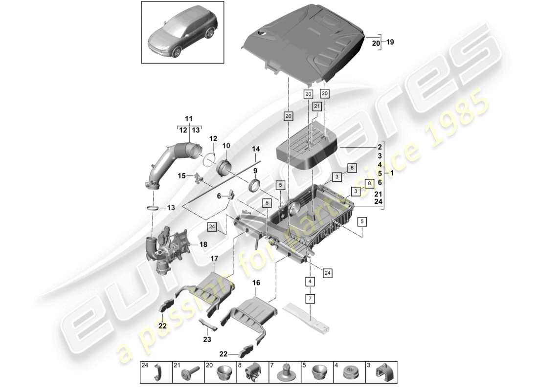 porsche 2023 (cayenne e3 9ya/9yb) air filter with connecting parts engine cover part diagram