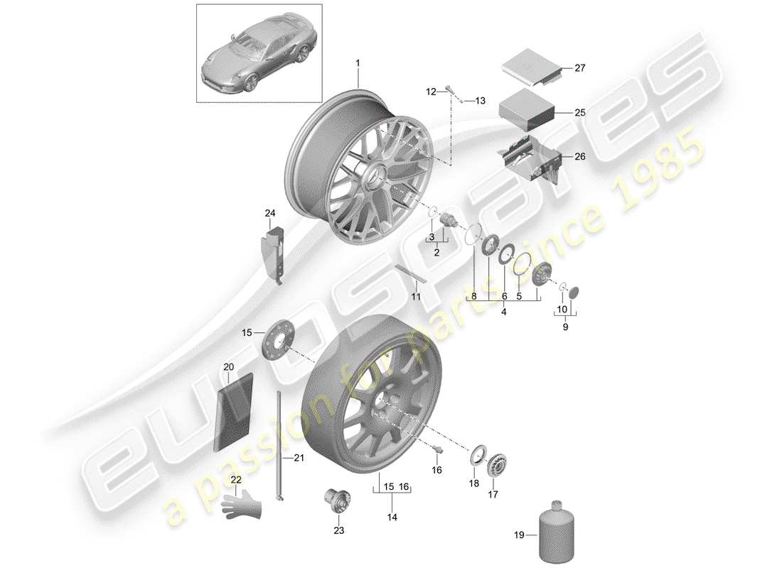 porsche 991 turbo (2018) alloy wheel with parts diagram