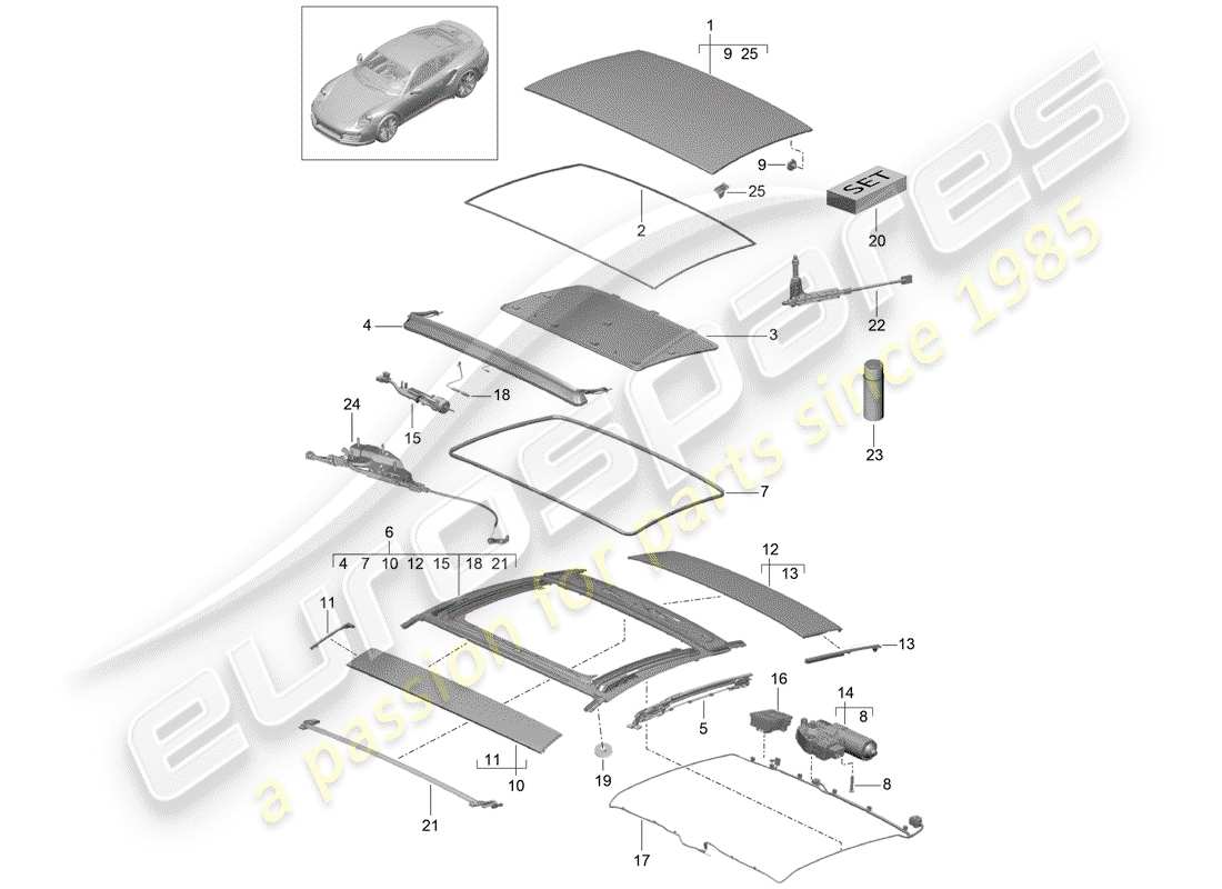 porsche 2018 (991-2 turbo) glass sliding roof part diagram