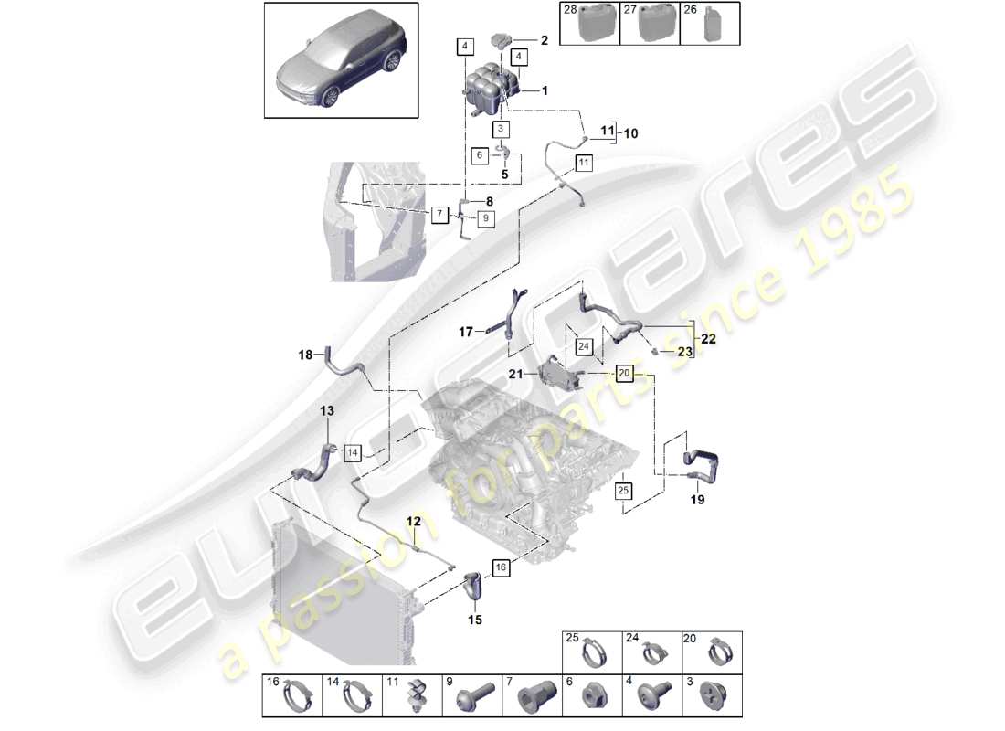 porsche 2022 (cayenne e3 9ya/9yb) coolant cooling system coolant expansion tank coolant pipe part diagram