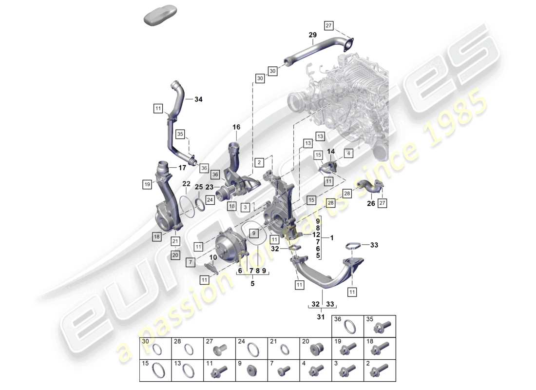 porsche 2021 (992-1 gt3/rs/st) coolant pump thermostat thermostat housing part diagram