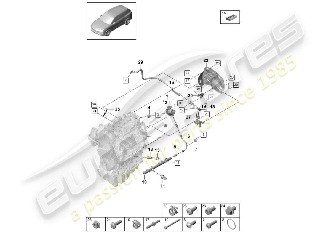 porsche 2024 (cayenne e3 9ya/9yb) fuel collection pipe high-pressure injector high pressure pump part diagram