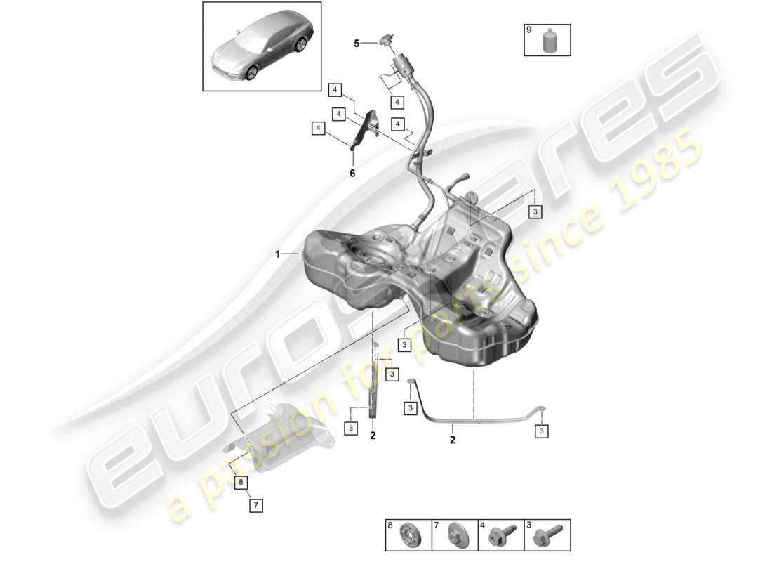 porsche 2021 (panamera 971-1) fuel tank with attachments part diagram