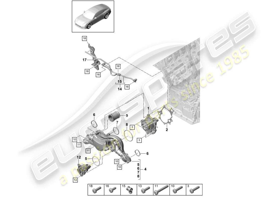 porsche 2021 (panamera 971-1) coolant pump thermostat housing breather line parts diagram