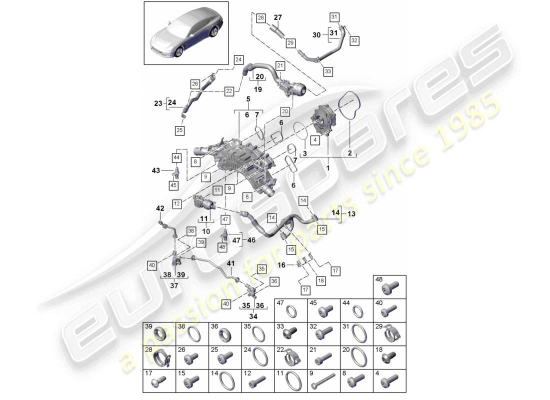 porsche 2021 (panamera 971-1) coolant pump thermostat housing coolant pipe breather line part diagram