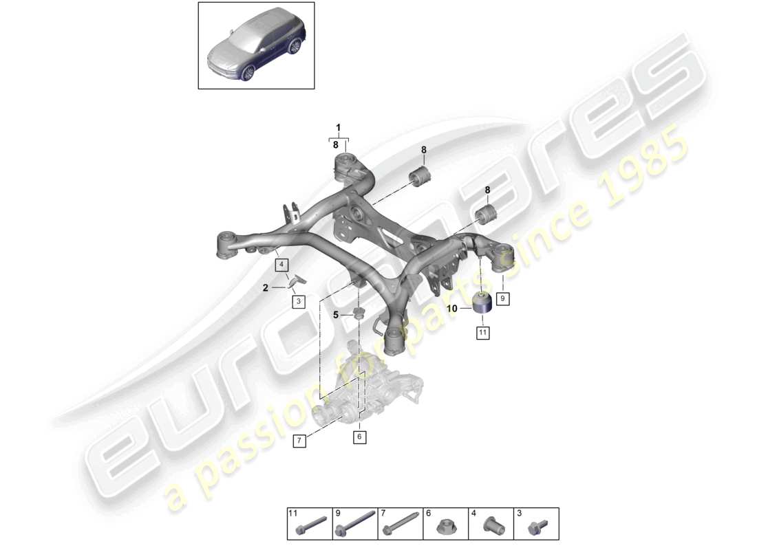 porsche 2024 (cayenne e3 9ya/9yb) support frame suspension sub-frame part diagram