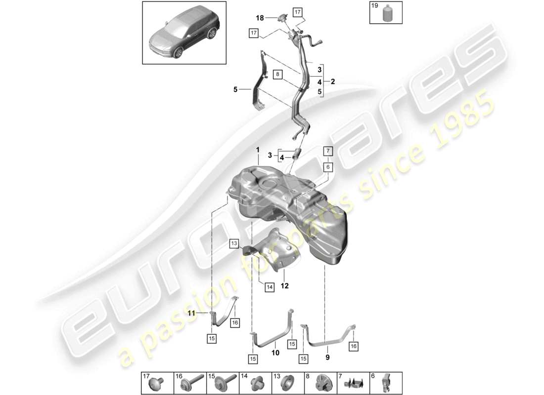 porsche 2022 (cayenne e3 9ya/9yb) fuel tank with attachments part diagram