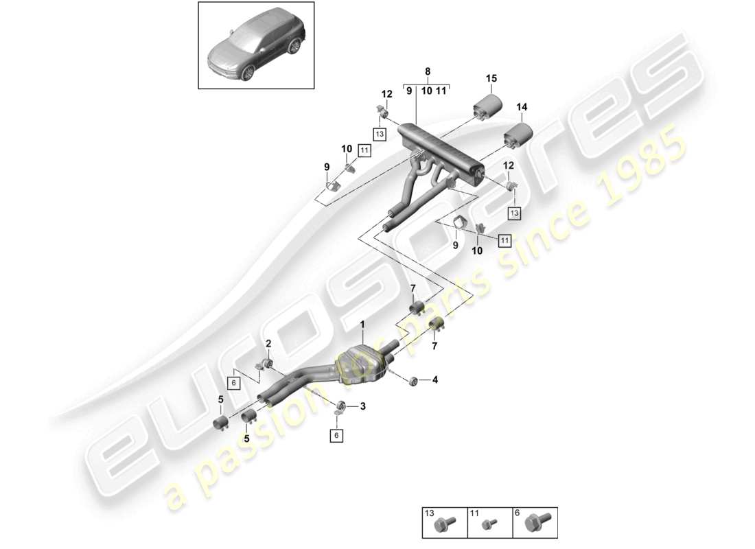 porsche 2022 (cayenne e3 9ya/9yb) exhaust system sport version front silencer rear silencer tailpipe part diagram