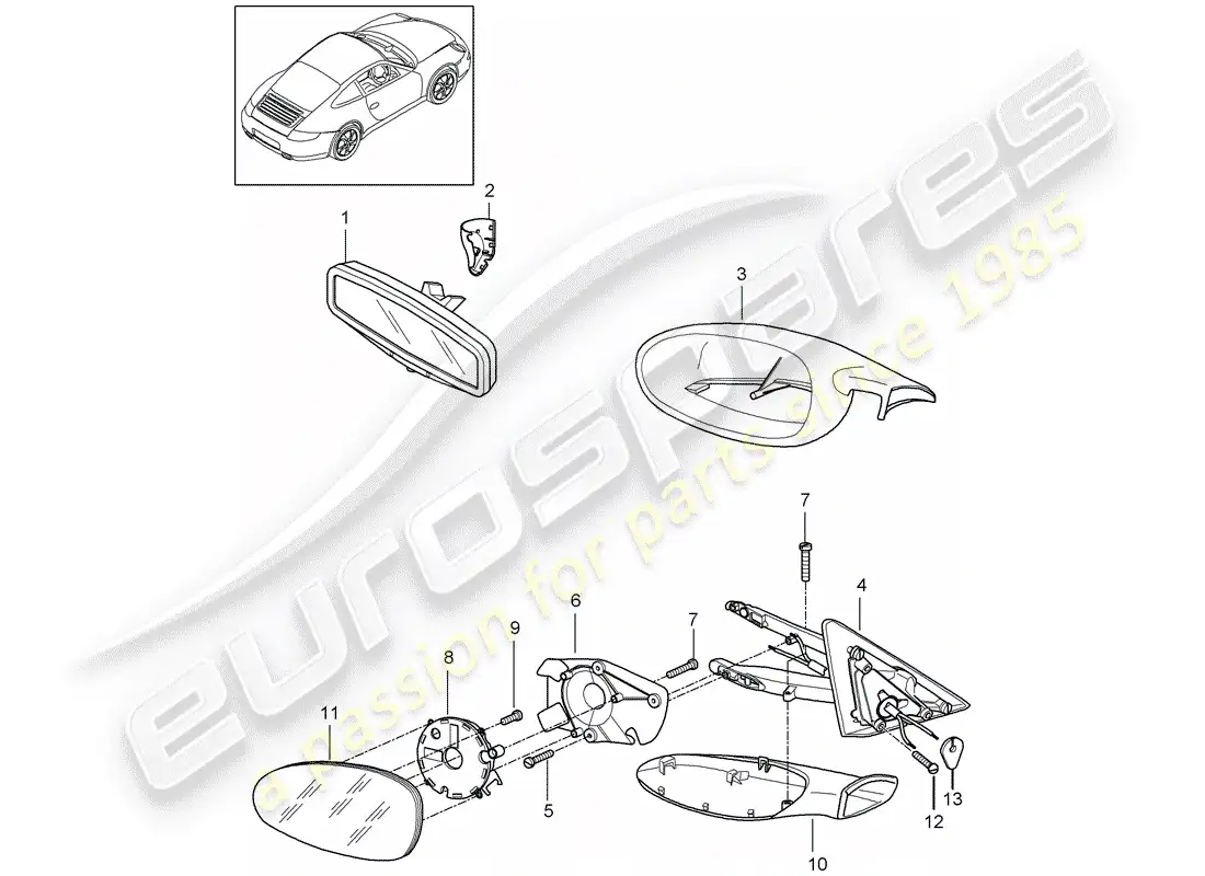 porsche 2007 (997-1) rear view mirror inner parts diagram