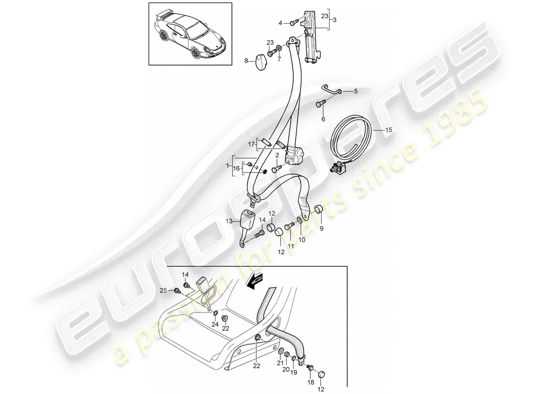 porsche 2008 (997-1 gt3) seat belt parts diagram