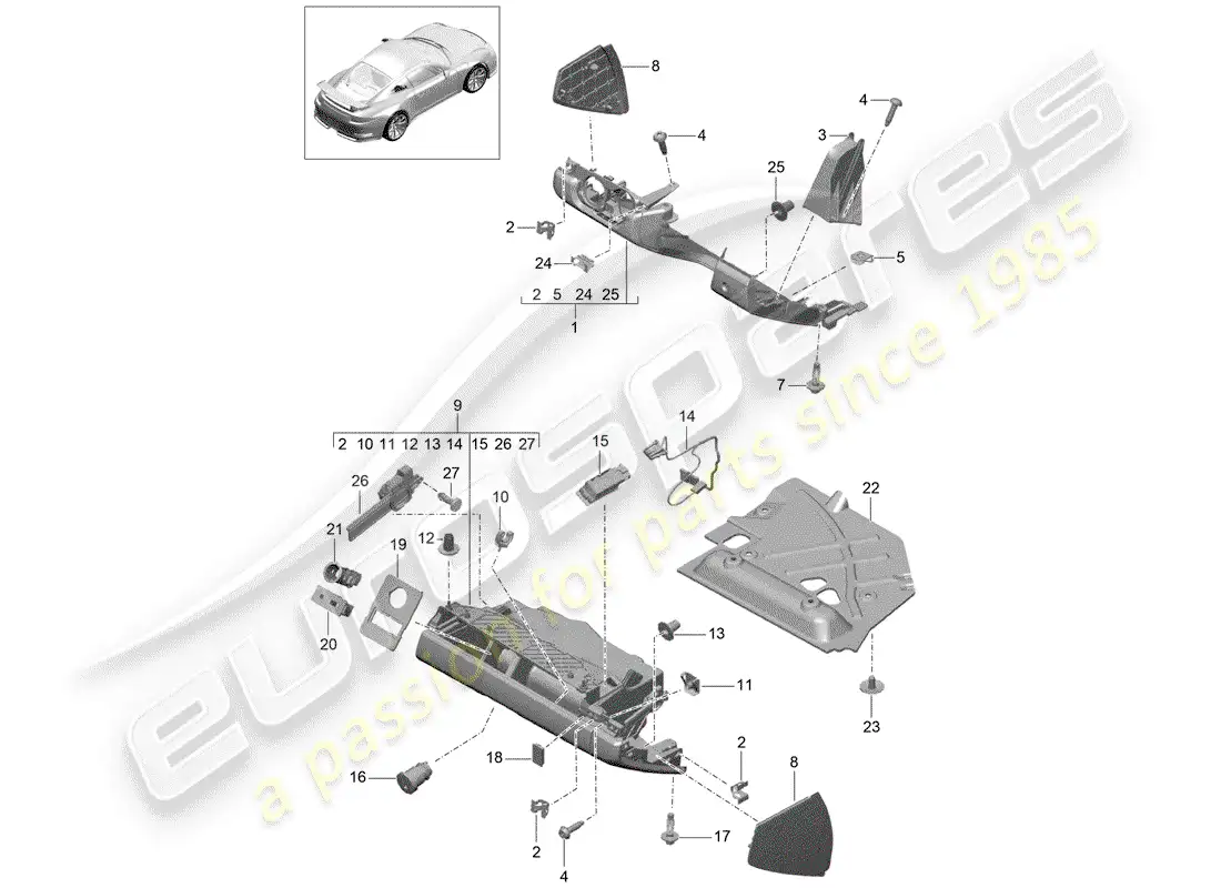 porsche 2016 (991-1 r/gt3/rs) glove box parts diagram