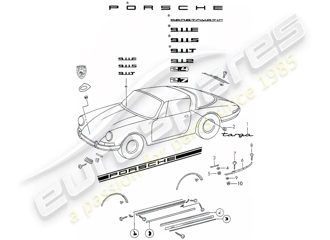 porsche 1970 (911) decorative fittings parts diagram