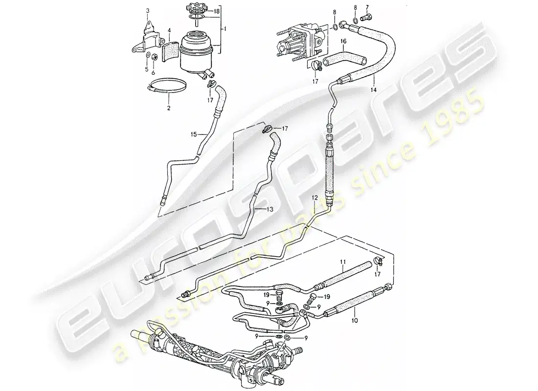 porsche 1990 (964) power steering - lines parts diagram