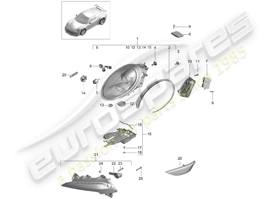 porsche 2016 (991-1 r/gt3/rs) headlamp parts diagram
