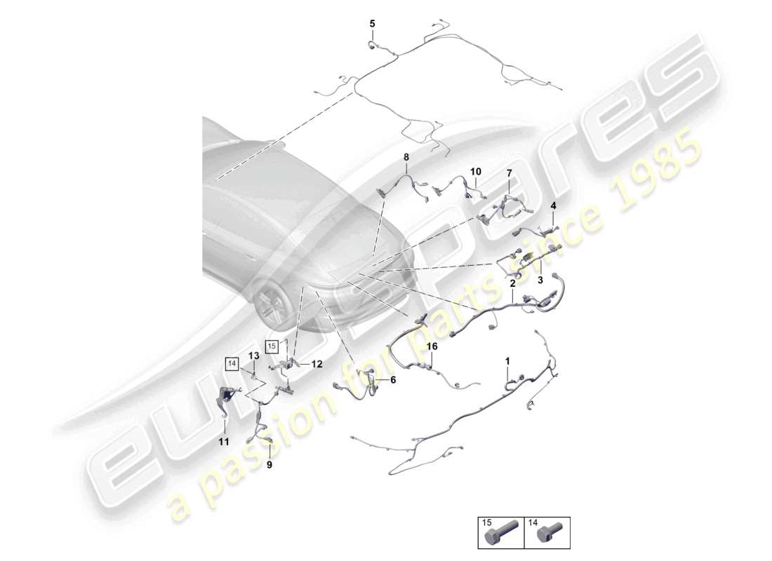 porsche 2024 (panamera 976) wiring looms bumper rear wiring harness for anti-lock brakesystem -abs- wiring harness for self-levelling suspension roof trim rear lid rear spoiler part diagram