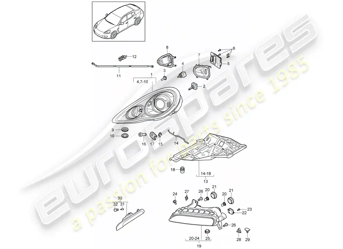 porsche 2011 (panamera 970) headlamp parts diagram