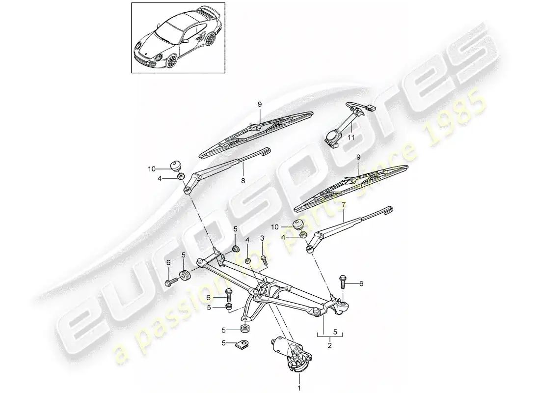 porsche 2012 (997-2 turbo / gt2 rs) windshield wiper system compl. parts diagram