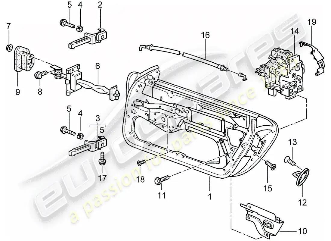 porsche 2003 (996 turbo / gt2) door shell - installation parts - door latch parts diagram