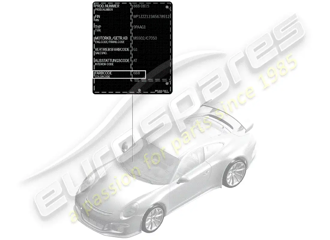 porsche 2016 (991-1 r/gt3/rs) paint touch-up stick parts diagram