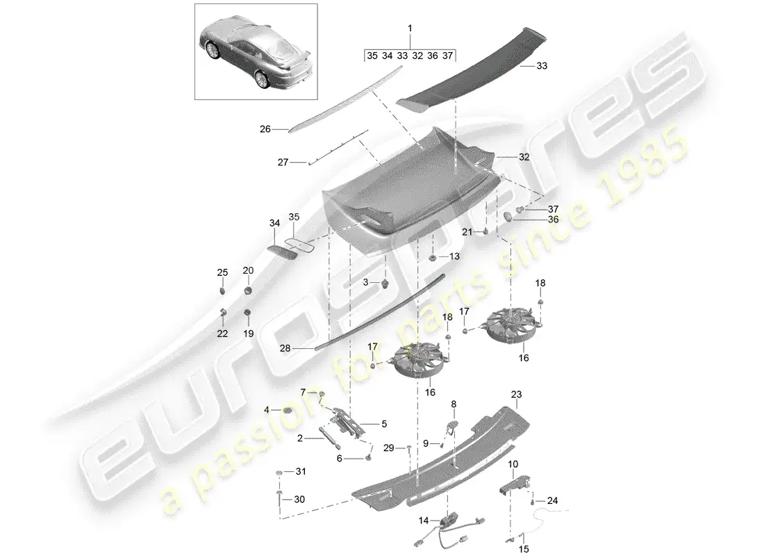 porsche 2016 (991-1 r/gt3/rs) rear spoiler parts diagram