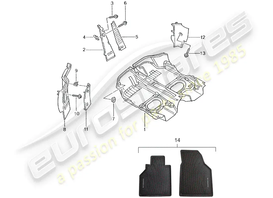 porsche 2001 (996 gt3) floor cover - trims parts diagram