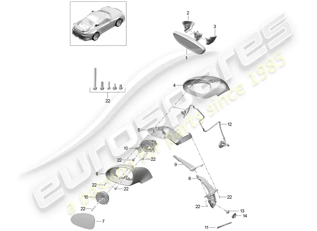 porsche 2016 (991-1 r/gt3/rs) rear view mirror inner parts diagram