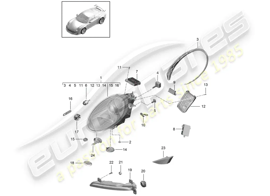 porsche 2016 (991-1 r/gt3/rs) headlamp parts diagram