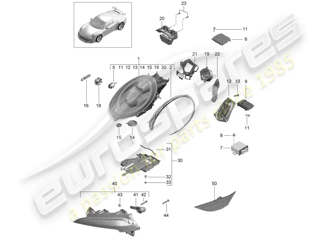 porsche 2020 (991-2 r/gt3/rs) led headlight parts diagram