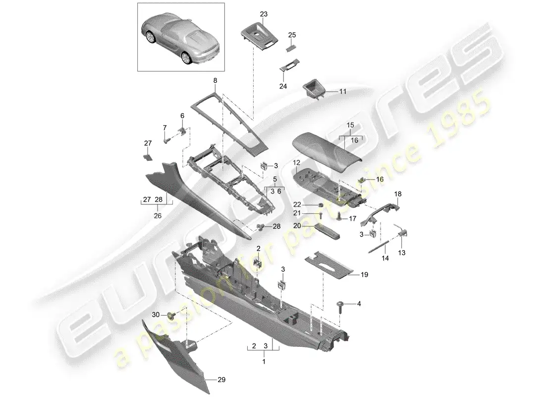 porsche 2016 (981 boxster spyder) center console parts diagram