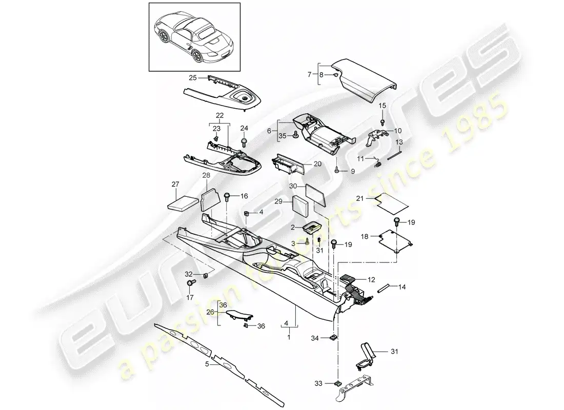 porsche 2012 (987 boxster) center console parts diagram