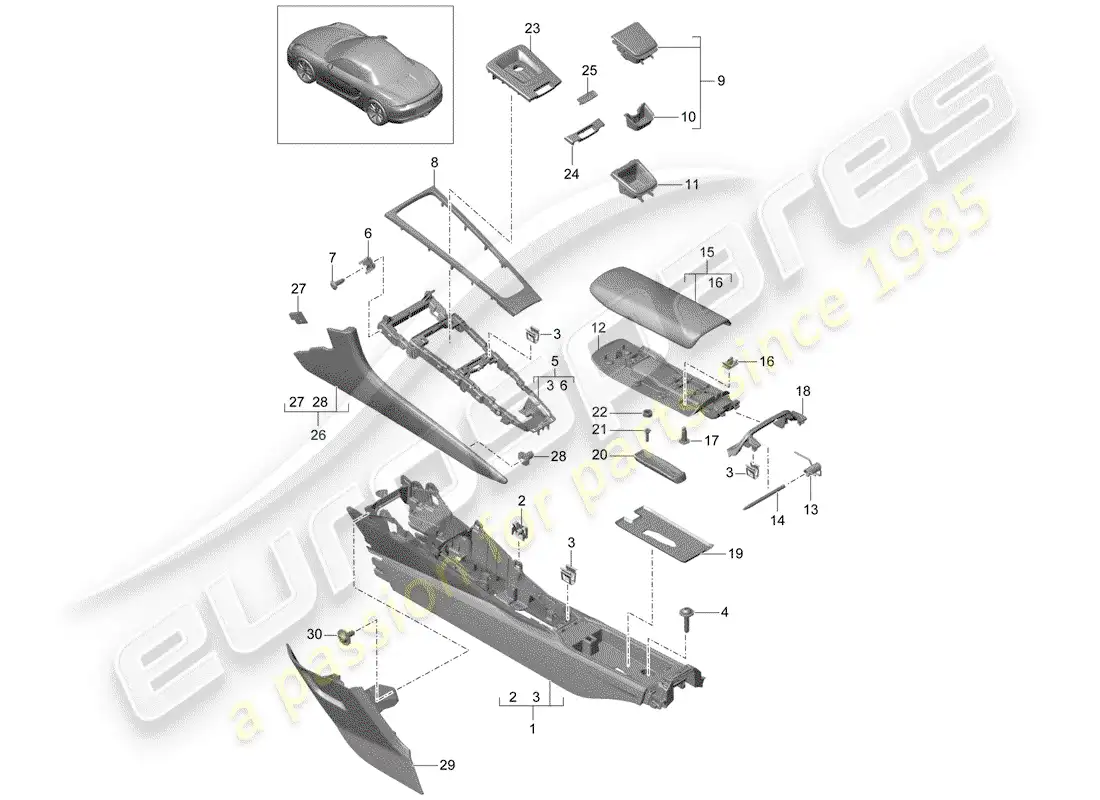 porsche 2015 (981 boxster) center console parts diagram