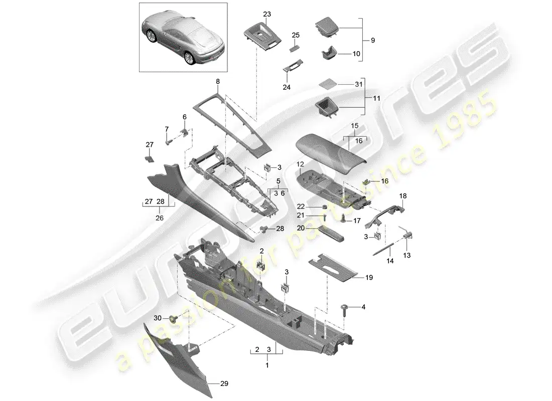 porsche 2016 (981 cayman) center console parts diagram