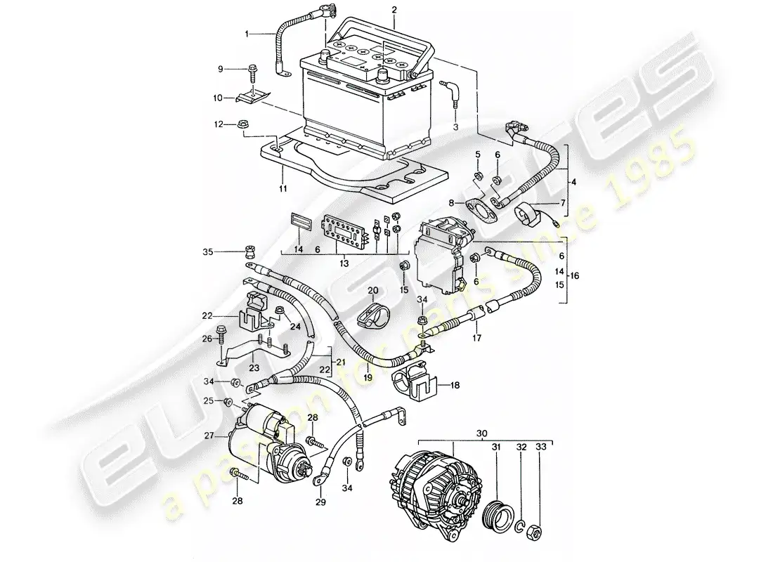 porsche 2002 (996) battery - distributor - (reservoir > choke cover > - heat exchanger) - alternator parts diagram