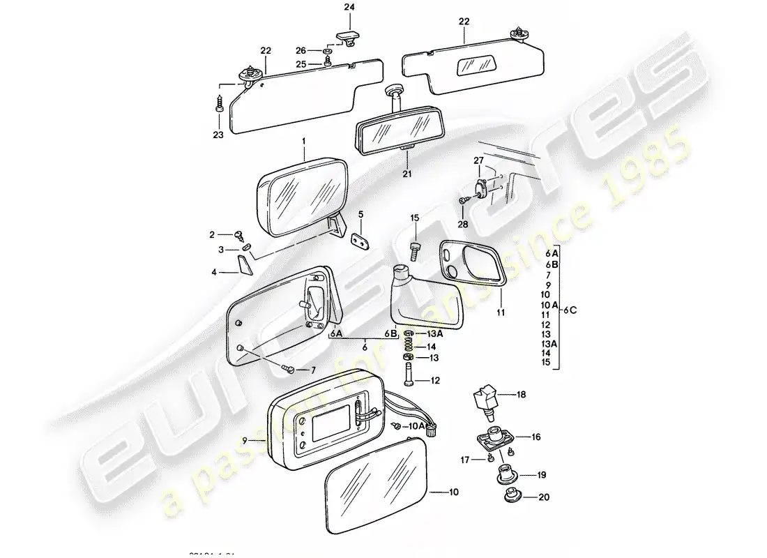 porsche 1977 (924) rear view mirror - rear view mirror inner - sun vizor parts diagram