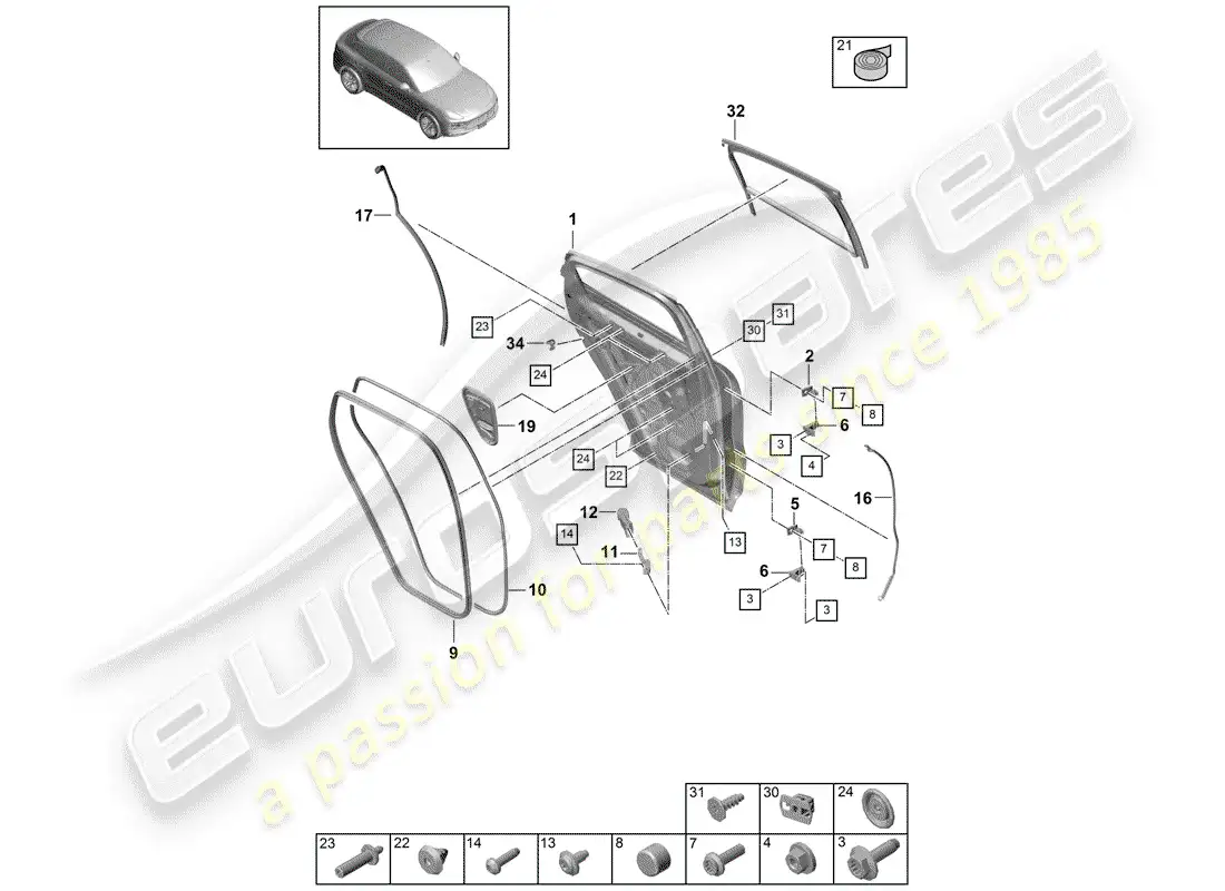 porsche 2018 (cayenne e3 9ya/9yb) door shell parts diagram