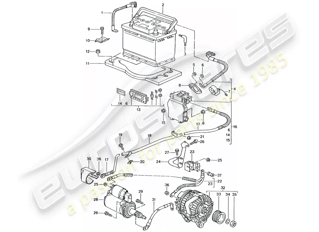 porsche 2003 (996 gt3) battery - junction box - starter - alternator - main battery switch parts diagram
