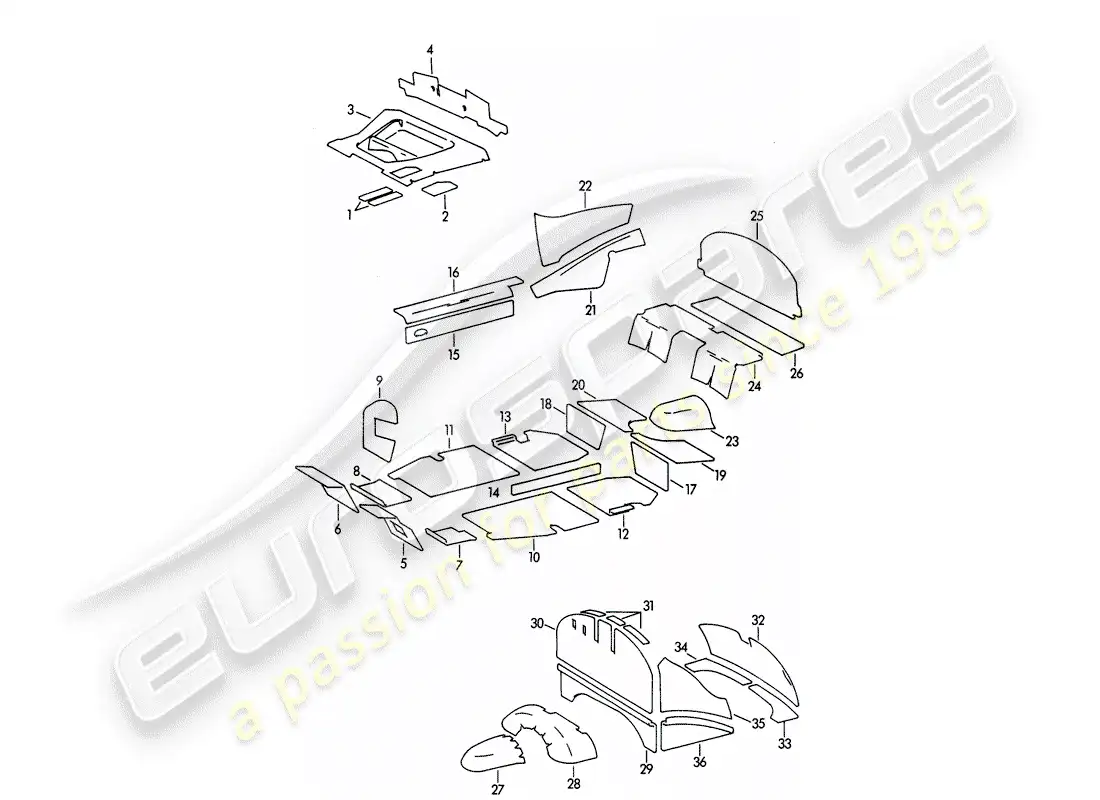 porsche 1962 (356b/356c) body shell - damping mat parts diagram