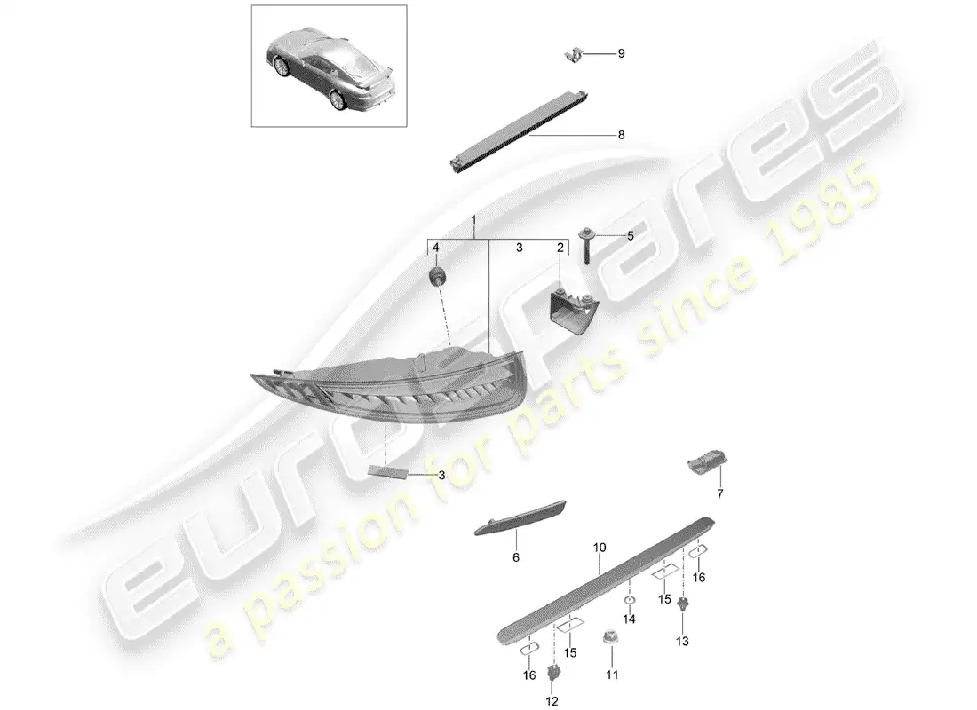 porsche 2016 (991-1 r/gt3/rs) rear light parts diagram