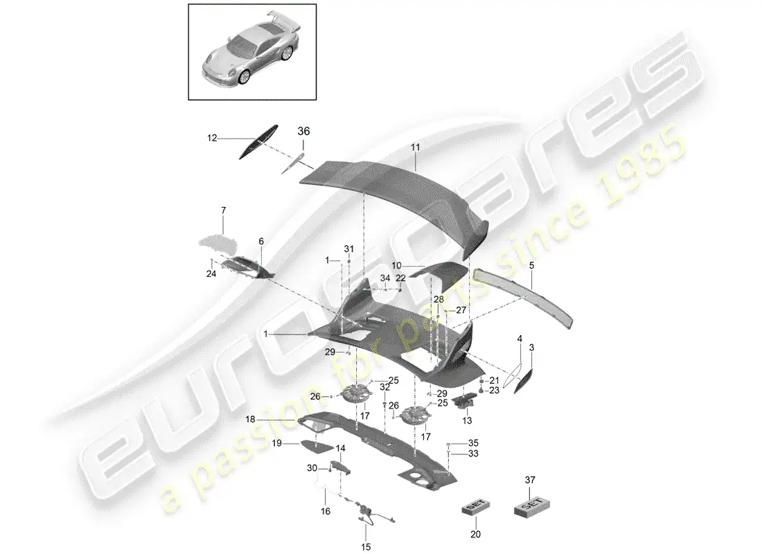 porsche 2018 (991-2 r/gt3/rs) rear trunk lid parts diagram
