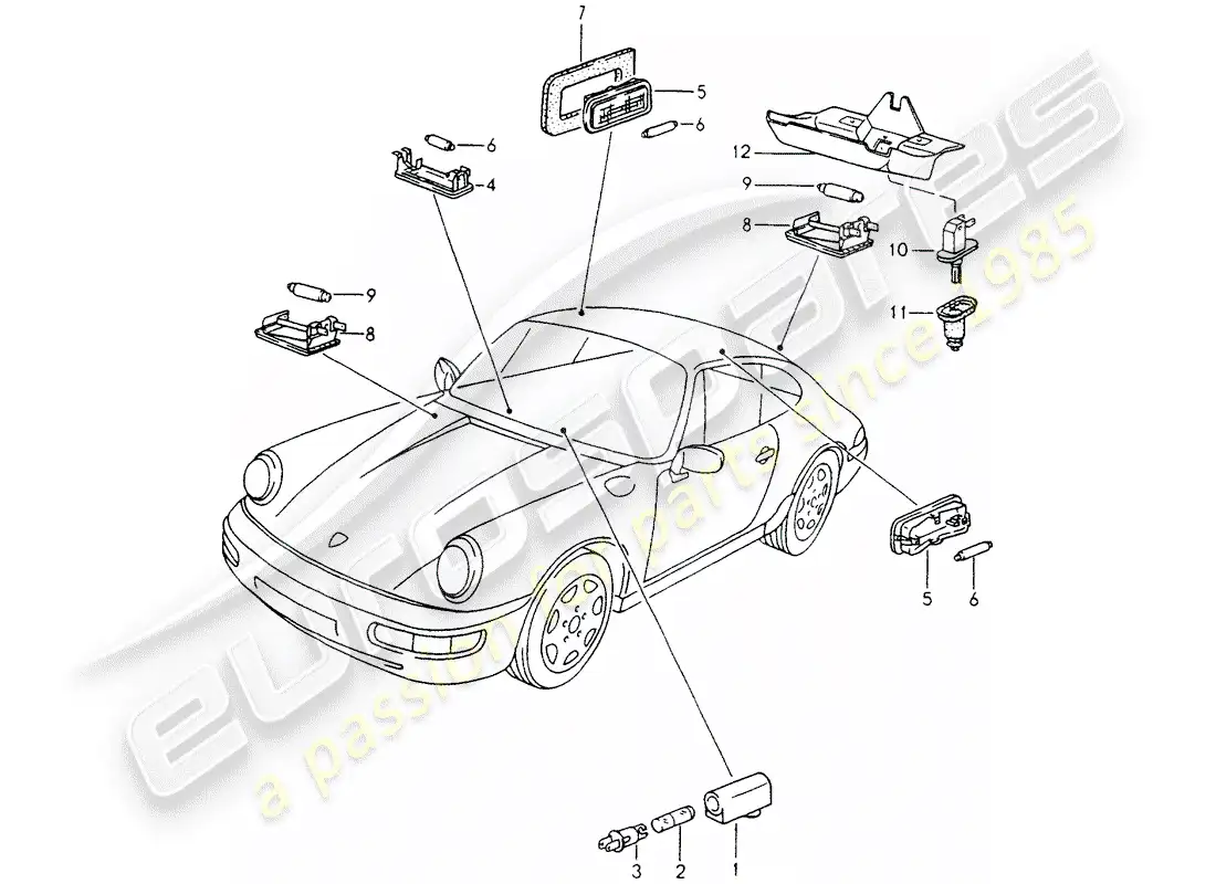 porsche 1991 (964) interior lights - luggage compartment lamp - engine compartment light parts diagram