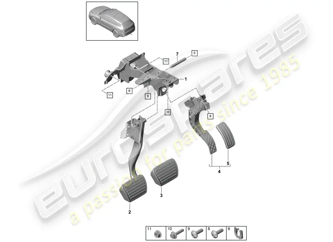 porsche 2019 (cayenne e3 9ya/9yb) brake and acc. pedal assembly parts diagram