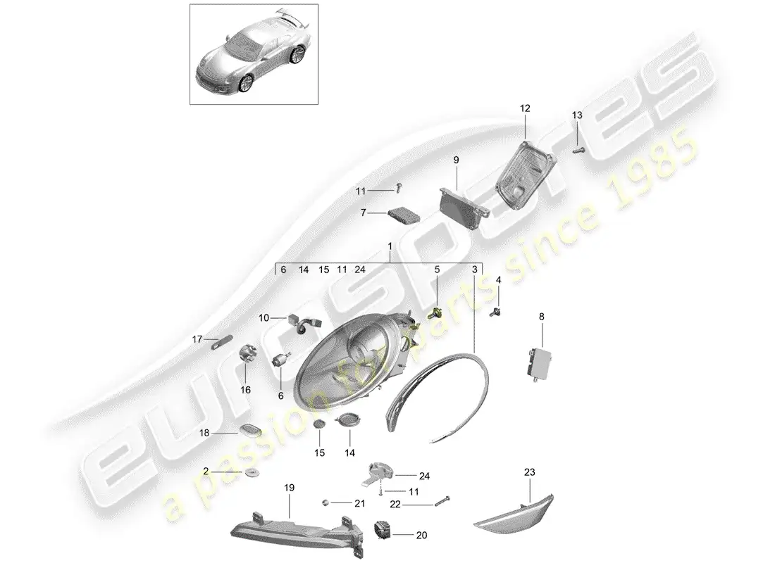 porsche 2016 (991-1 r/gt3/rs) headlamp parts diagram
