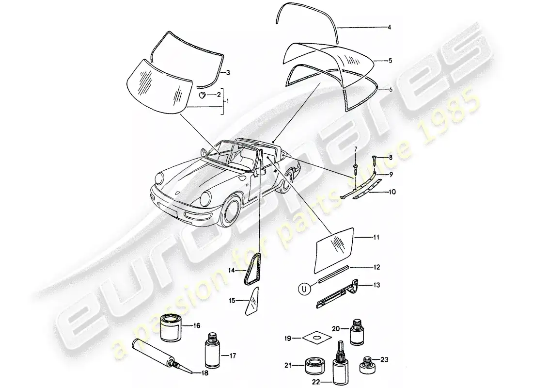 porsche 1991 (964) window glazing parts diagram