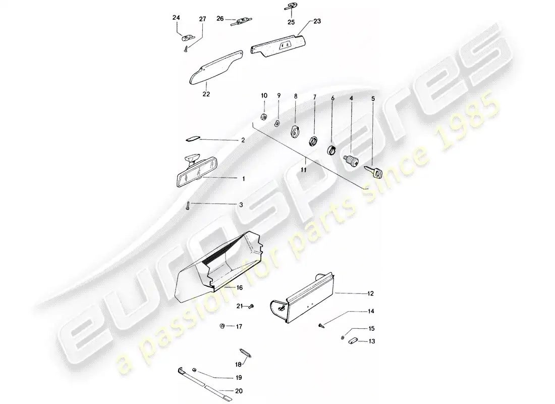 porsche 1975 (914) rear view mirror inner - glove box - sun vizor parts diagram