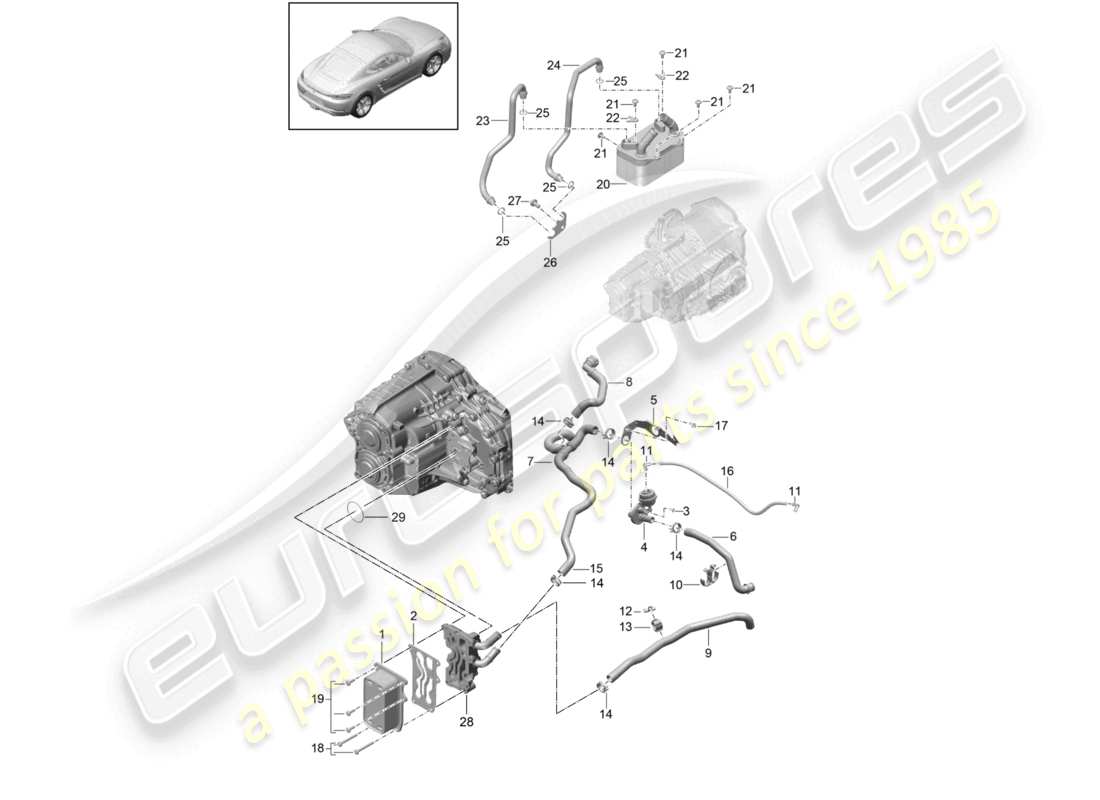 porsche 2024 (718 cayman) - pdk - gearbox heat exchanger oil pipe water pipe part diagram
