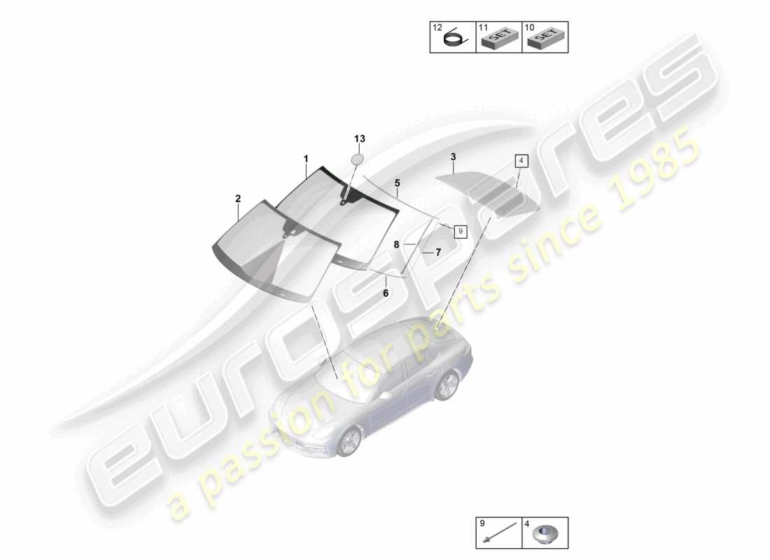 porsche 2021 (panamera 971-1) windscreen rear window parts diagram
