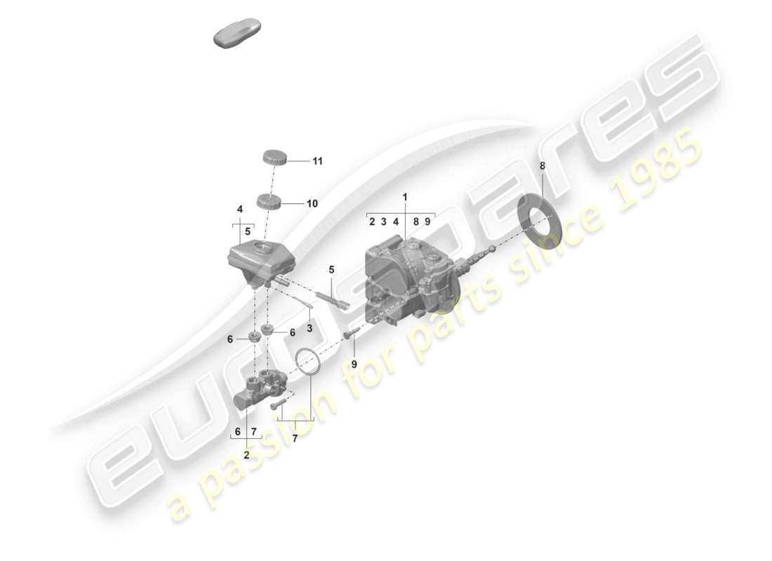 porsche 2022 (panamera 971-2) brake servo with hybrid brake master cylinder and brake fluid reservoir part diagram