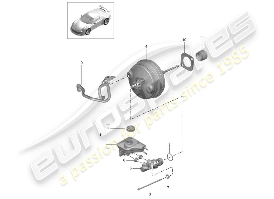 porsche 2021 (991-2 r/gt3/rs) brake master cylinder brake servo d >>- mj 2017 part diagram